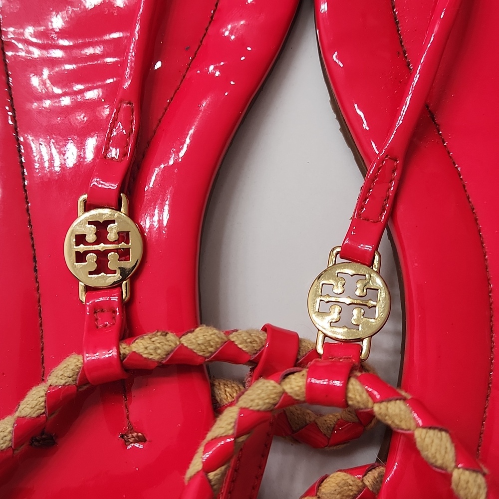 Tory Burch Bright Red Braided Thong Sandals with Gold Logo - Picture 4 of 12